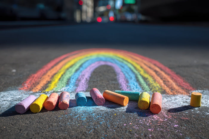A rainbow drawn from chalk.