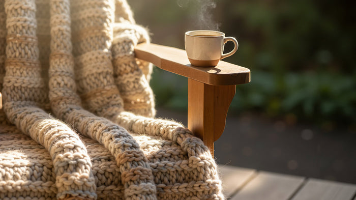 An empty chair with cozy blanket and steaming hot beverage waiting for you. 