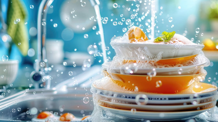 A cheerful pile of dishes being cleaned