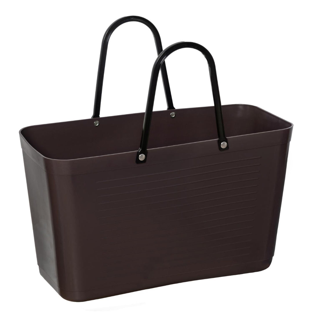Brown tote bag with black handles.