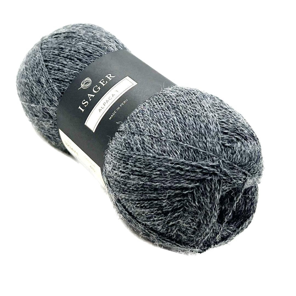 A dark gray skein of lace-weight yarn.