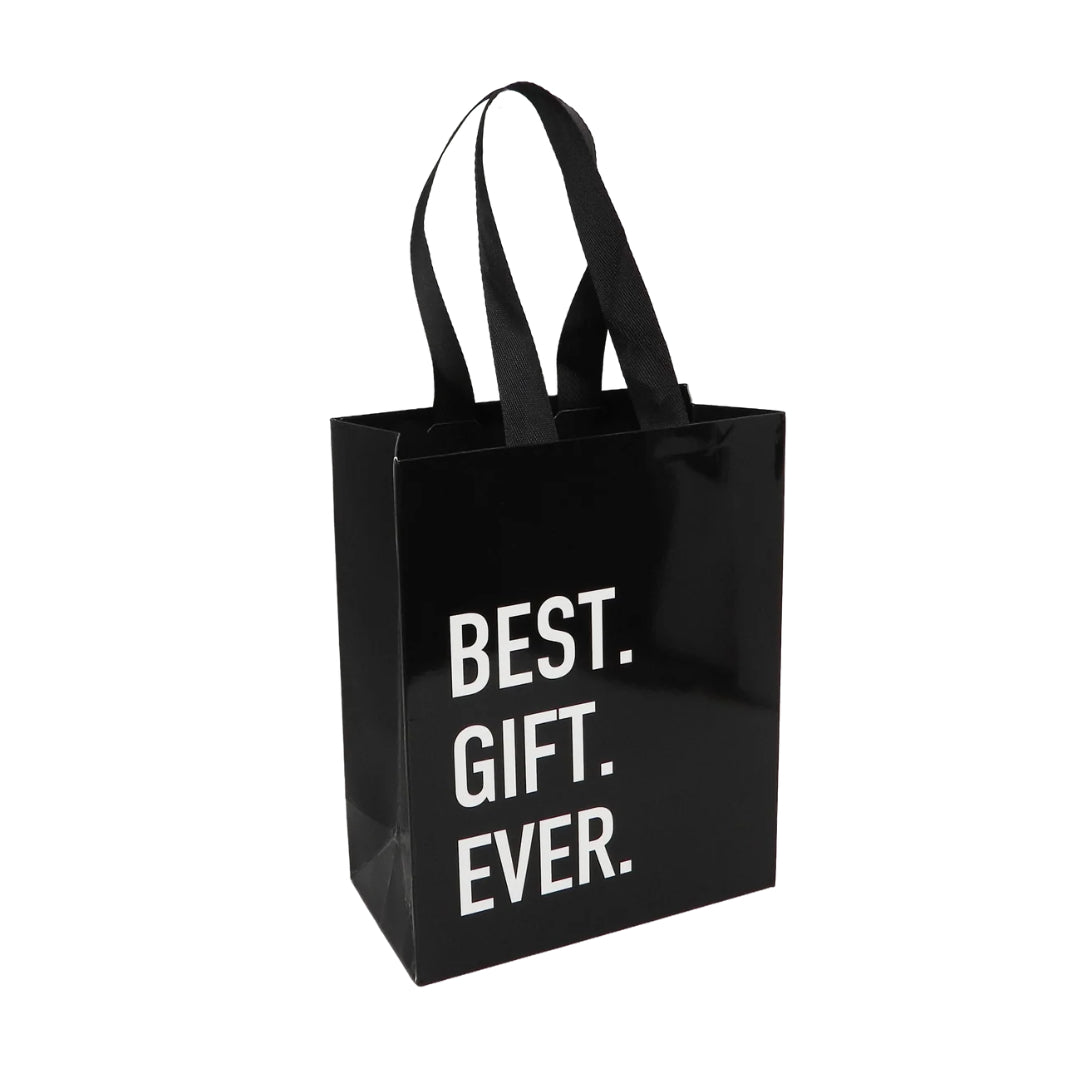 Black gift bag with black handle. The bag reads: BEST. GIFT. EVER. 