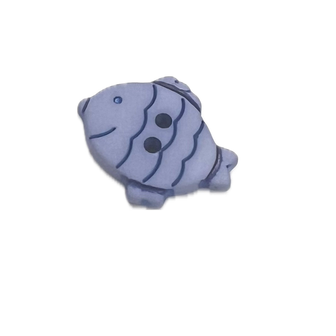 Plastic fish shaped button with 2 holes.