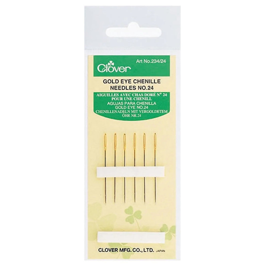 6 needles held in a thin foam stripe on a card that says, "Art no. 234/24. Cold Eye Chenille Needles No.24. Clover MFG.CO., LTD. Japan. Experience the Clover Difference.