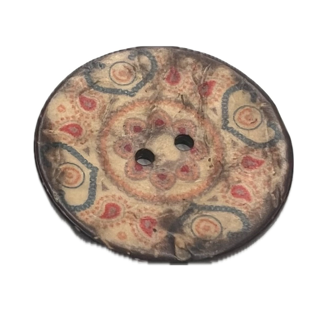 Large multicolored button with 2 holes.