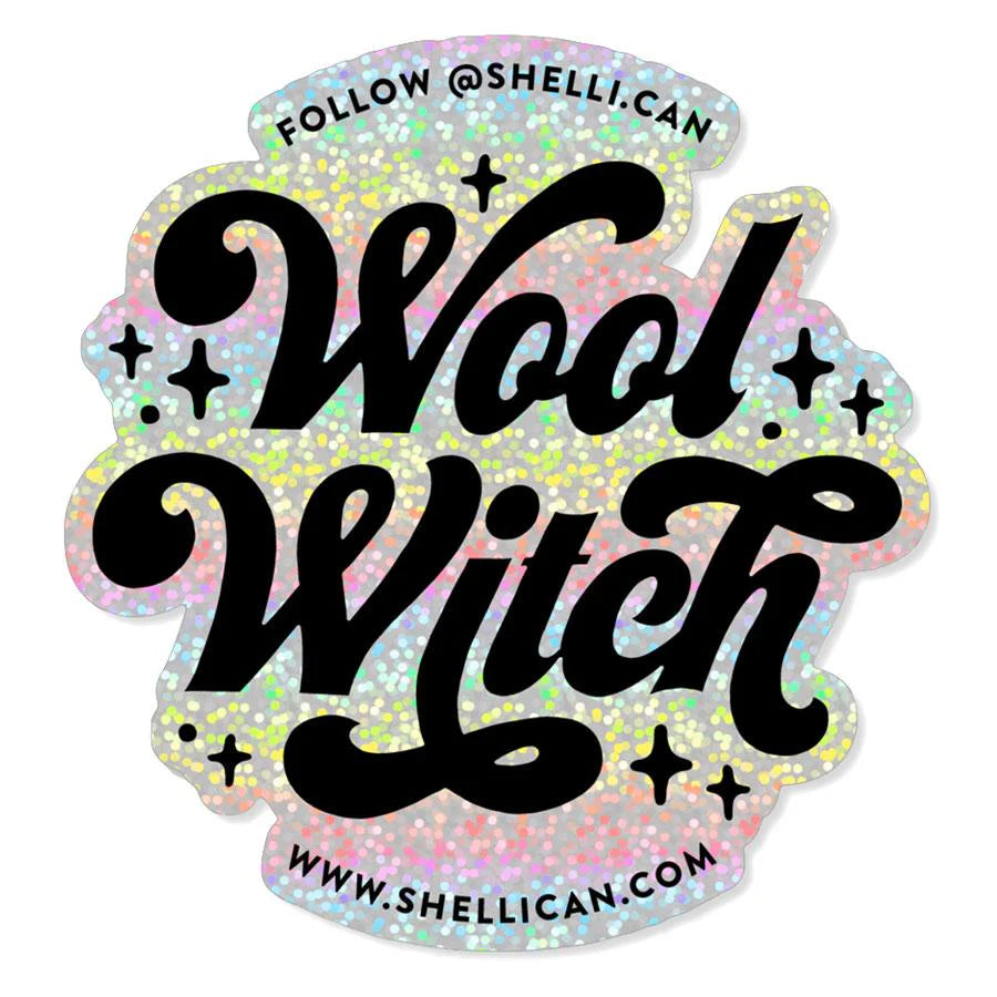 Sticker with 'Wool Witch' text and a holographic border.
