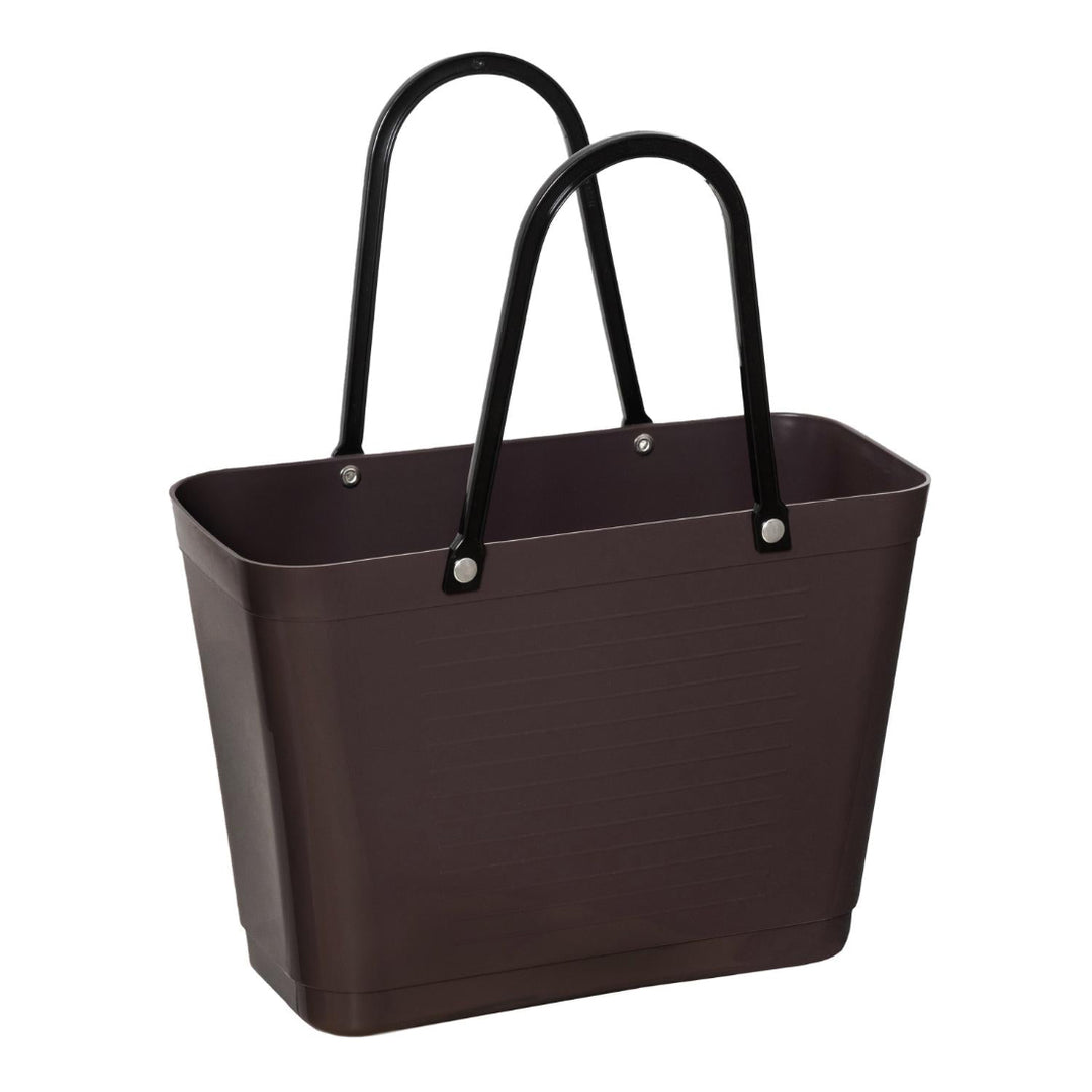 Brown tote bag with black handles.