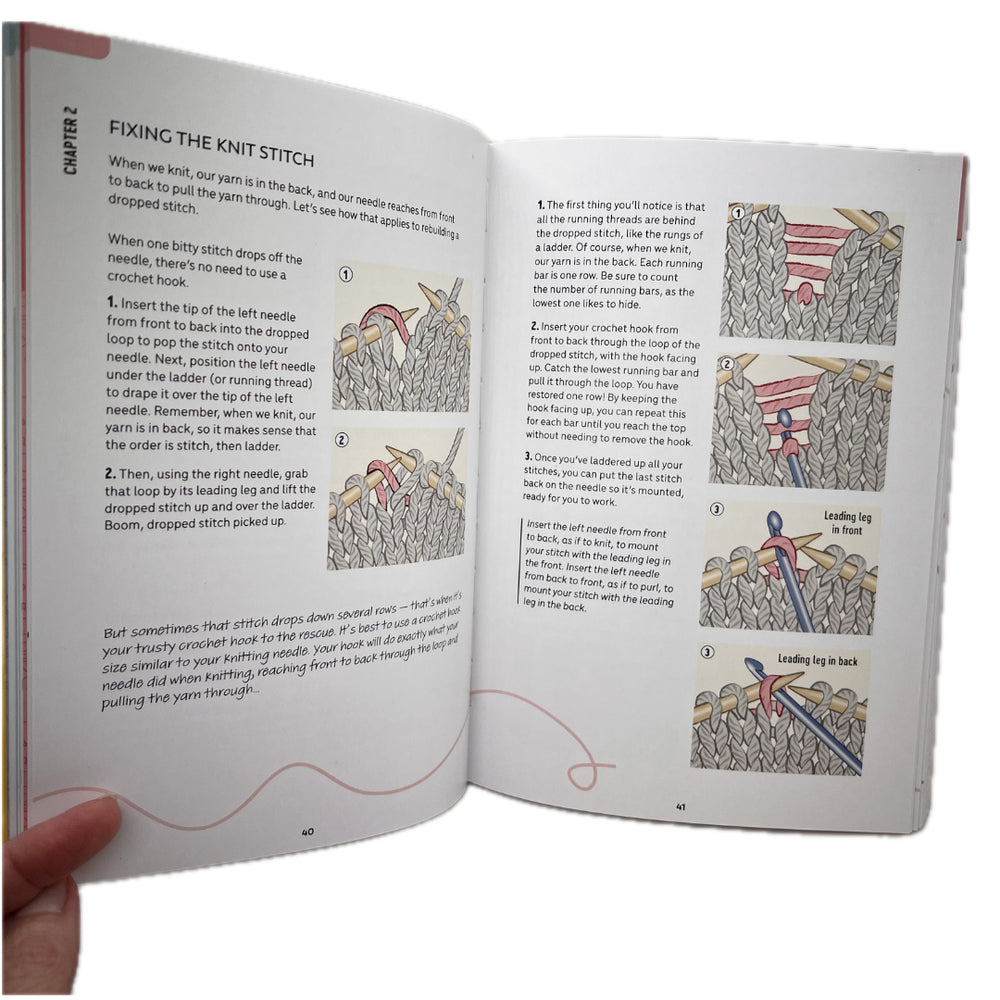 An open Knitting ER book showing Chapter 2, 'Fixing the Knit Stitch,' with text and numbered diagrams of hands knitting and stitching stitches. 