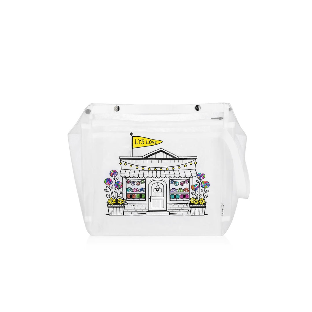White, "Oh Snap" Della Q LYS bag with yellow flag that reads, "LYS Love".