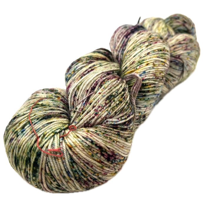 Variegated and speckled skein of yarn in light yellow, grass green, reds, and blues.