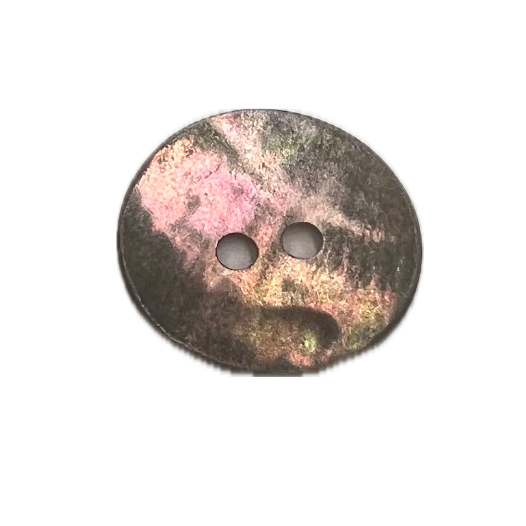 Round iridescent button with 2 holes.