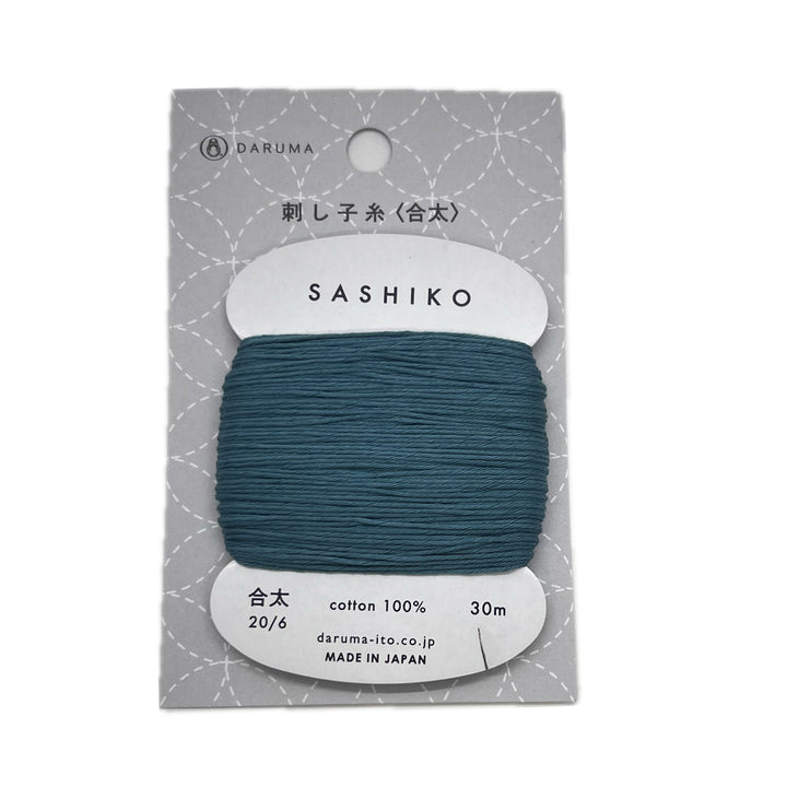 A teal colored cotton thread wrapped around a cardboard bobbin inside a package with clear plastic. 