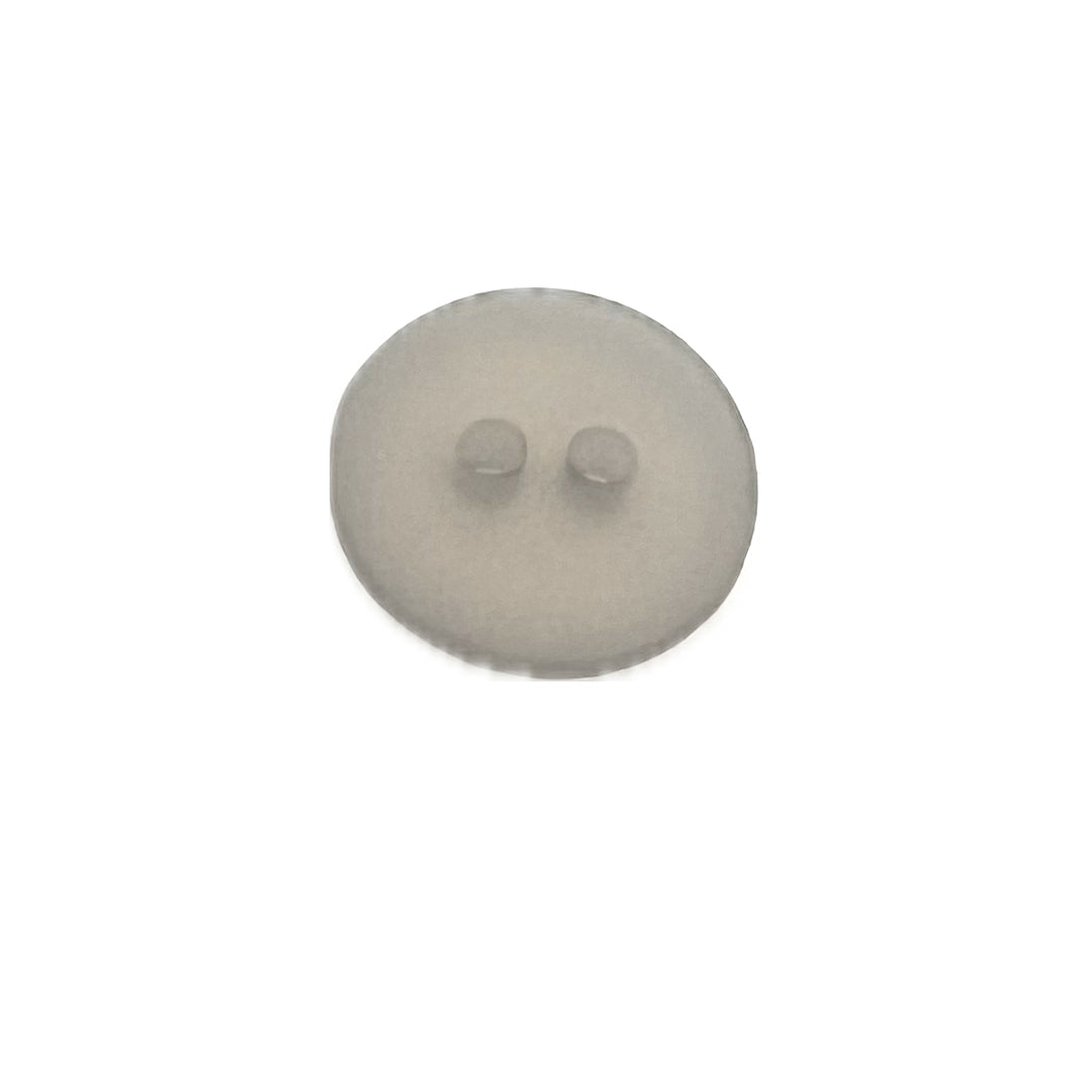 Round gray, slightly transparent button with 2 holes.
