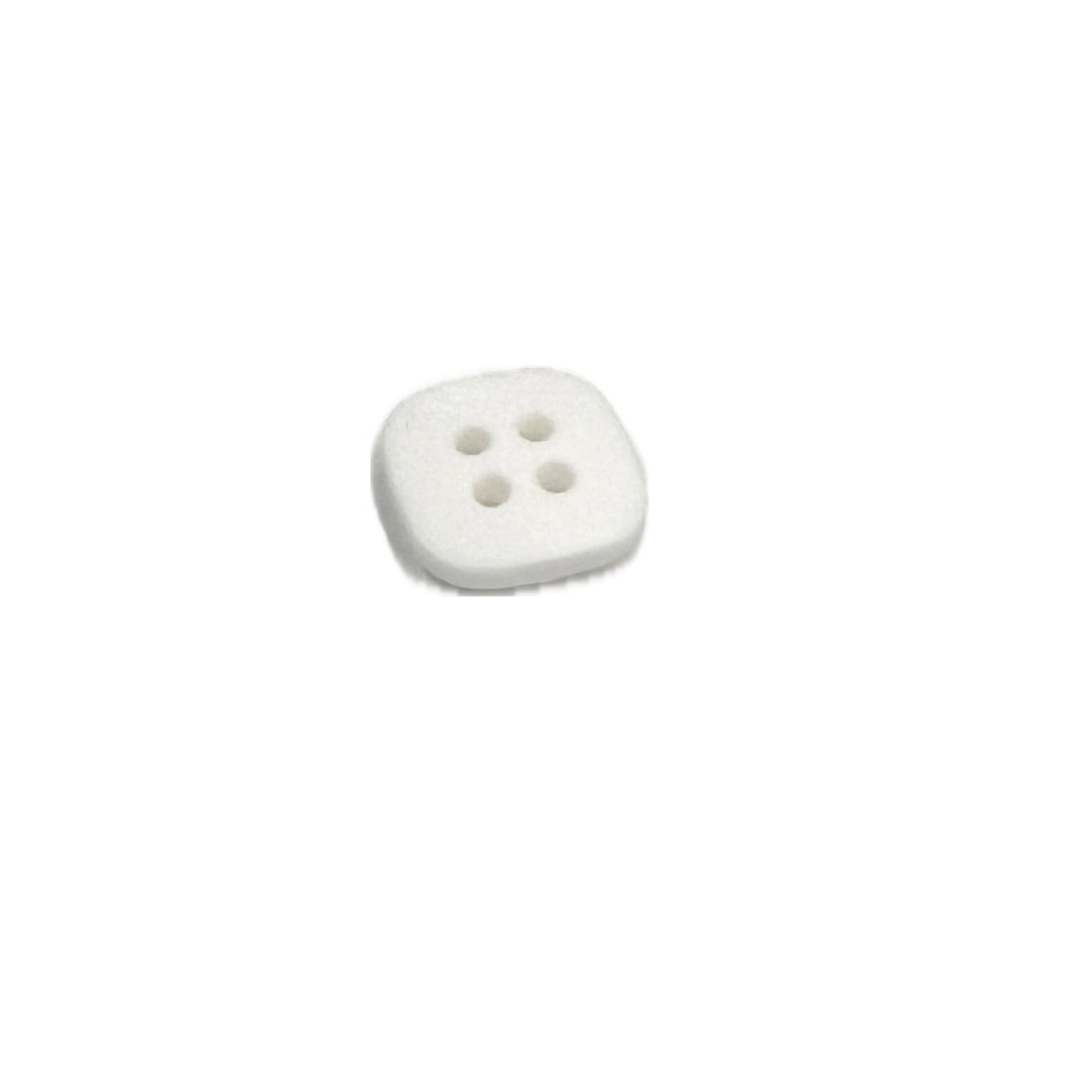 Plastic, square button with 4 holes.
