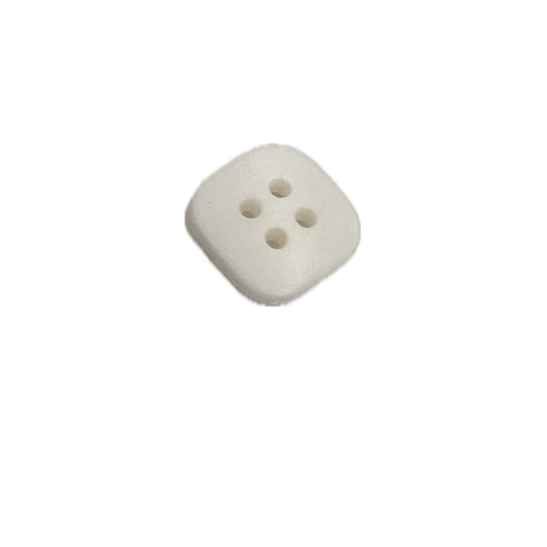 Plastic, square button with 4 holes.