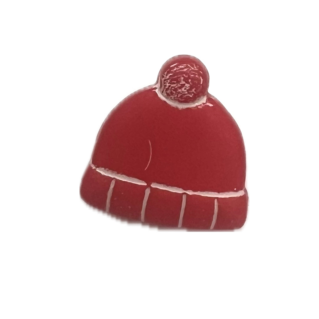Plastic shank button shaped like a cap with pom pom.