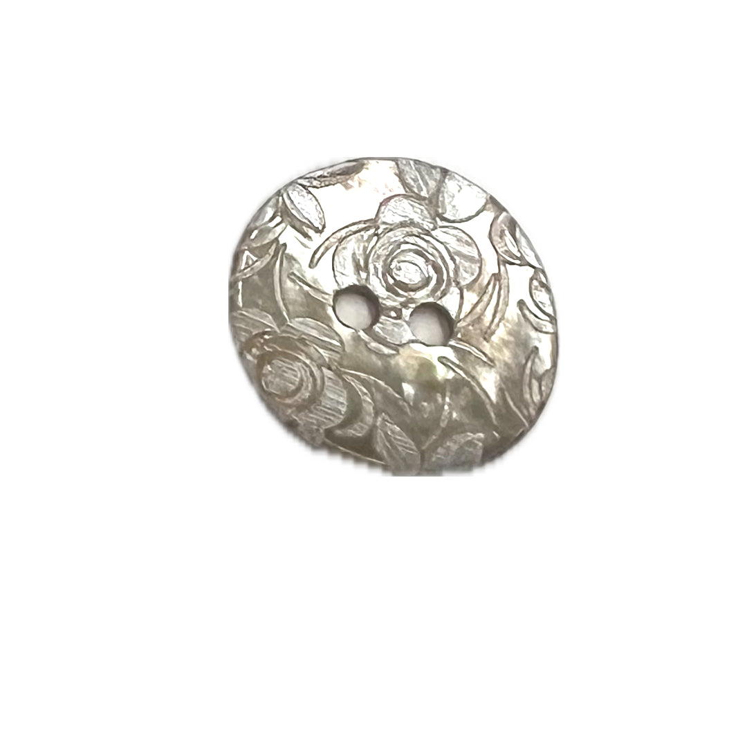 Round, etched shell button with 2 holes.