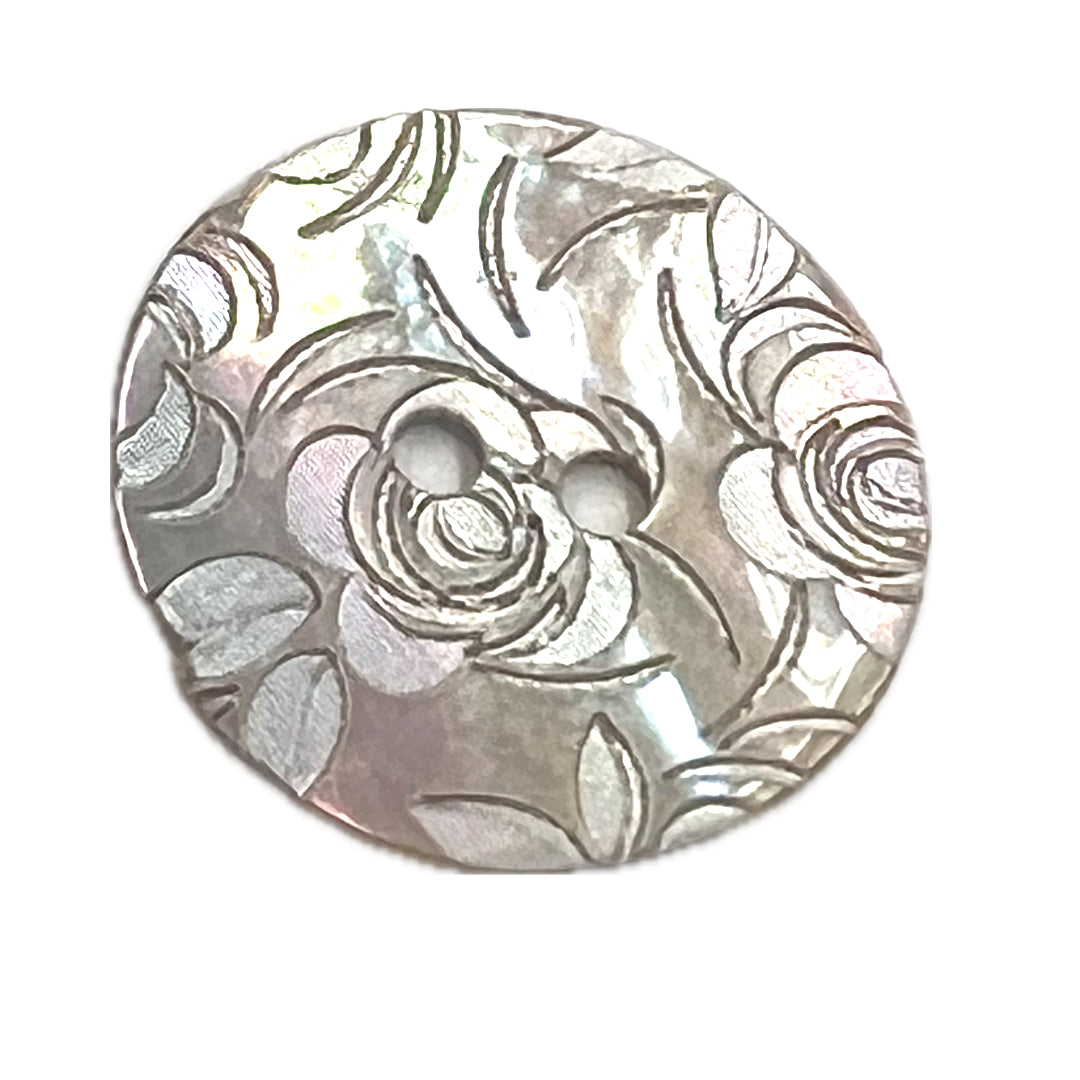 Round button with 2 holes etched in roses.