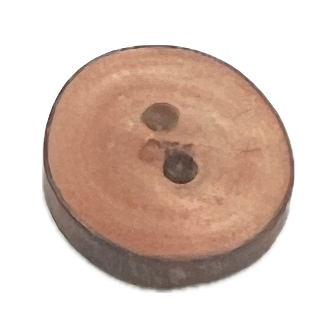 round wooden button with 2 holes.